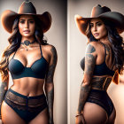 Confident woman in black lingerie and hat displaying tattoos in warmly lit room