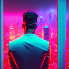 Man with Mohawk and Neck Tattoo Gazes at Neon Cityscape with Purple Sky