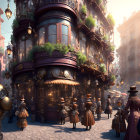 Ornate Victorian fantasy cityscape with elegant figures and warm lights