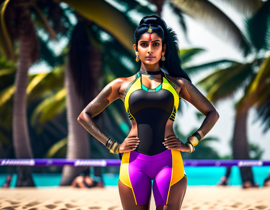 3D rendered image of a confident woman in futuristic attire on a beach