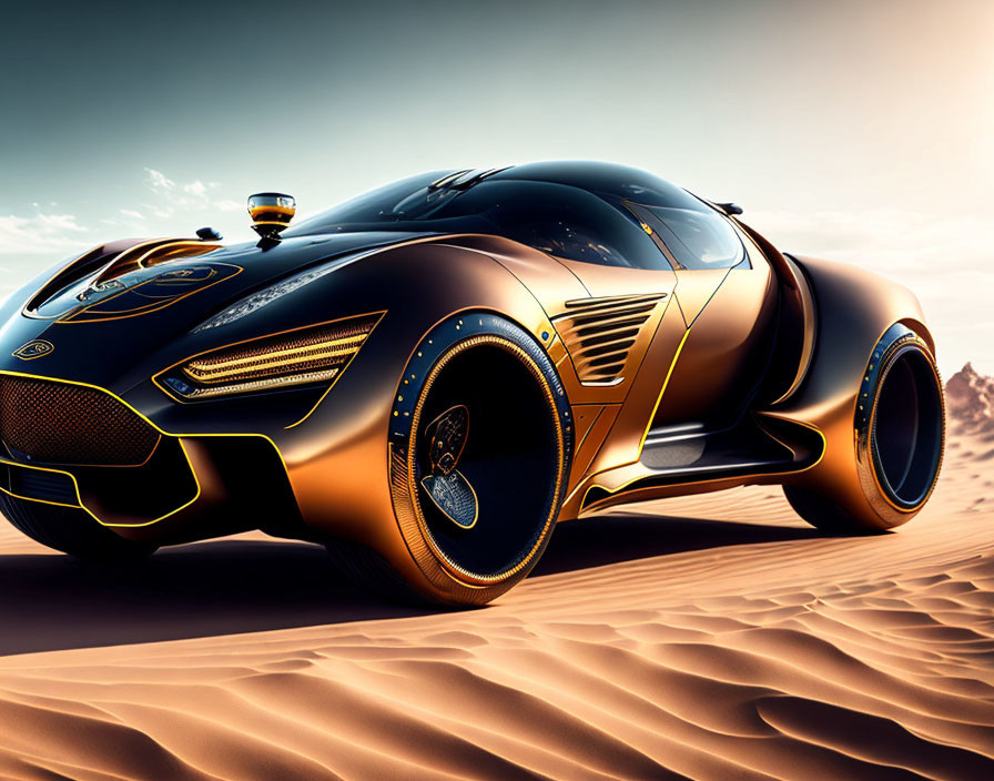 Futuristic black and gold car driving in desert with sleek design