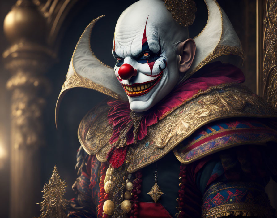 Sinister Clown in Renaissance Costume with White Face Paint