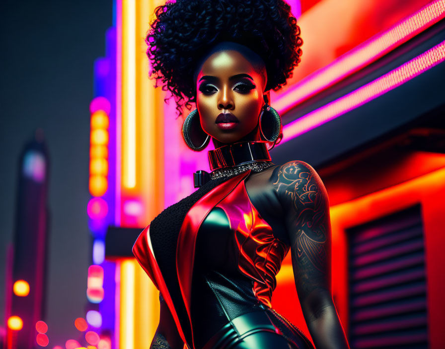 Confident woman with afro hairstyle in neon-lit urban setting wearing glossy outfit.