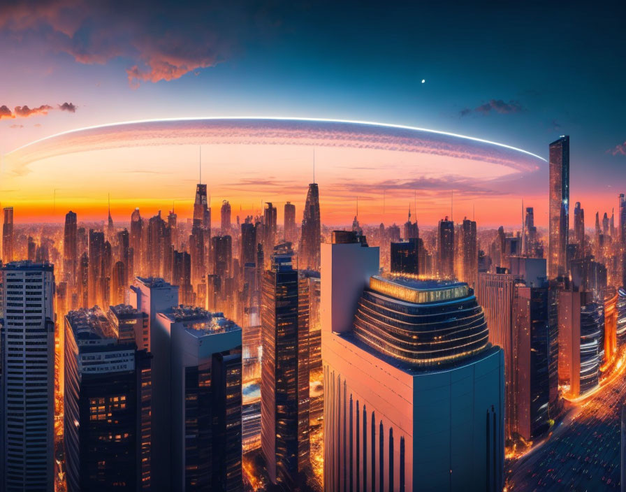 Futuristic city skyline at sunset with gleaming skyscrapers