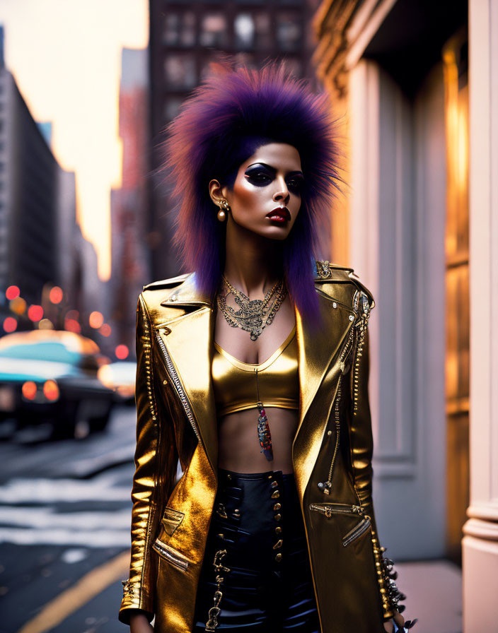 Bright Purple Mohawk, Gold Jacket, Leather Pants in City Street at Dusk