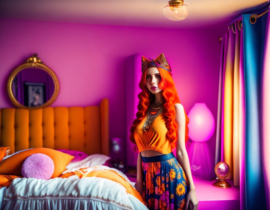 Red-Haired Woman in Orange Dress in Colorful Bedroom