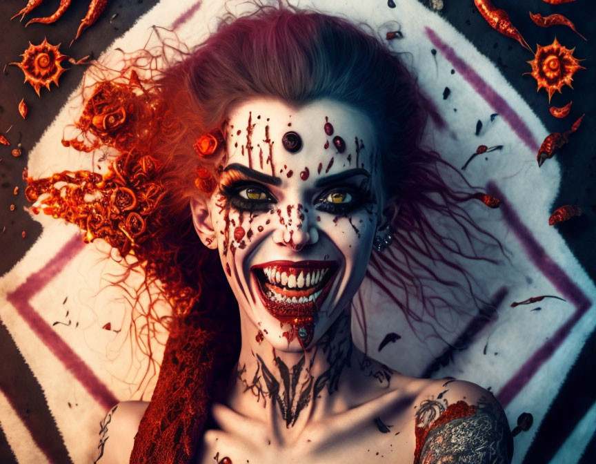 Vibrant vampire clown makeup with sharp teeth and tattoos in Halloween setting