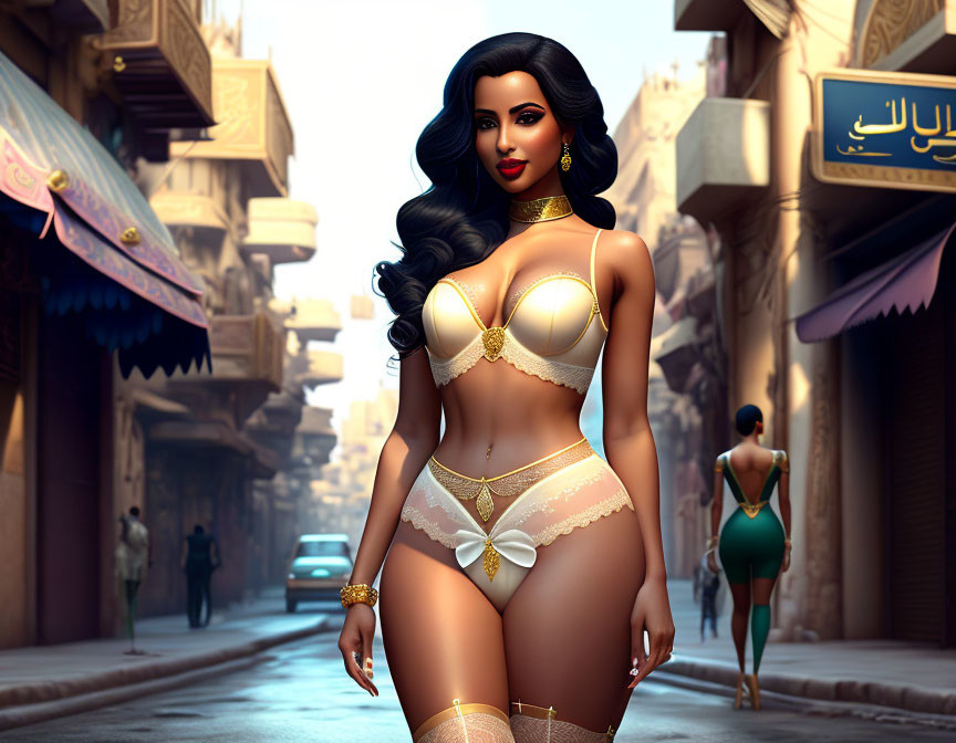 Digital artwork features woman in gold and cream lingerie on bazaar street with Arabic script signs.