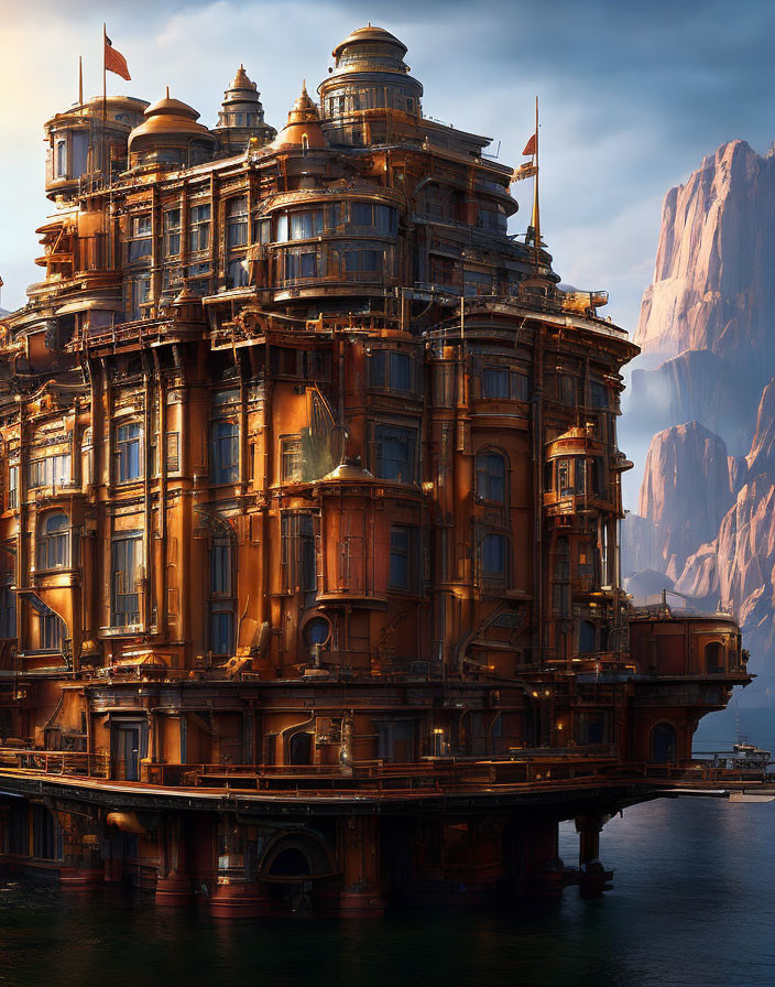 Bronze multi-story building in warm light by cliffs and water