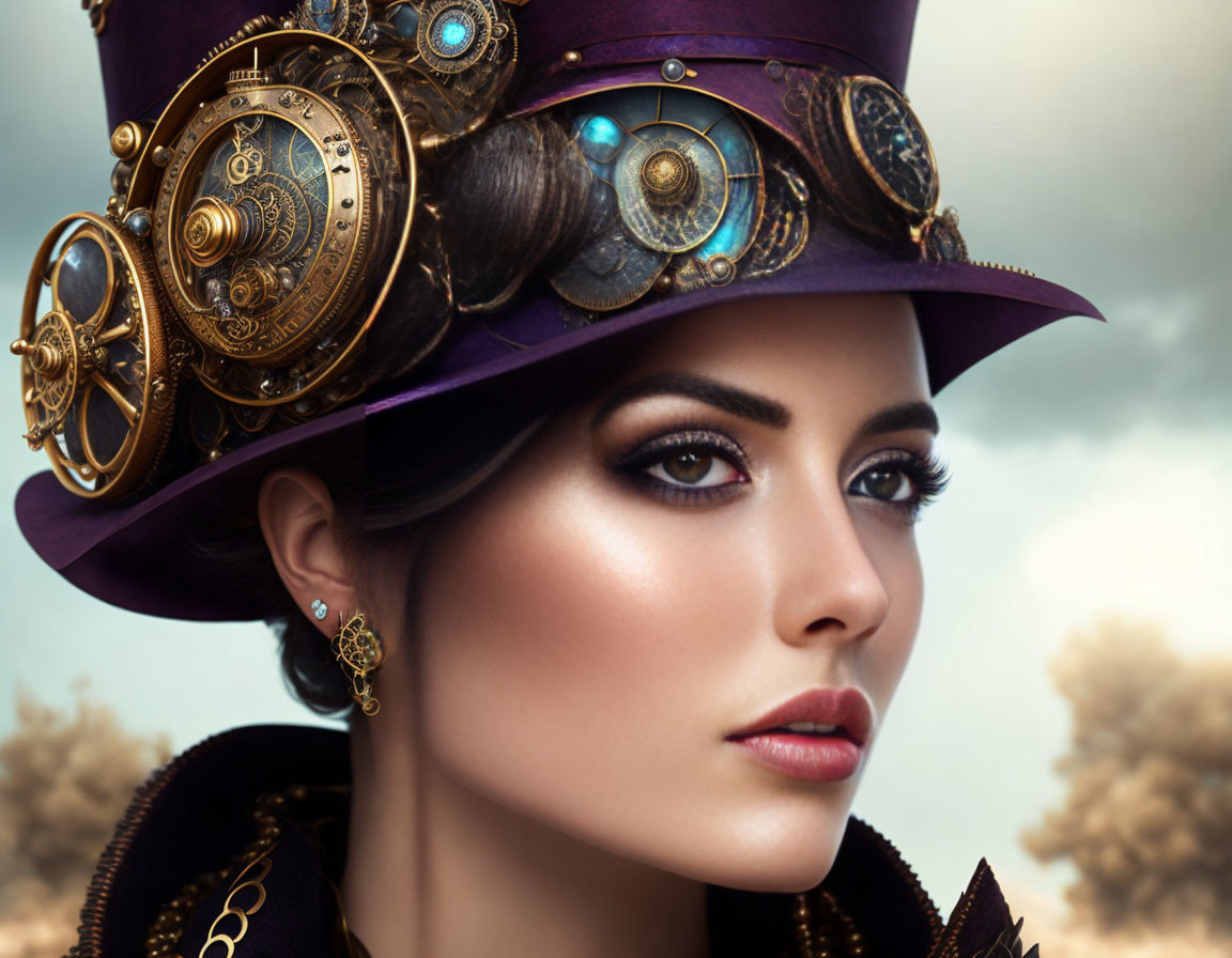 Dramatic makeup woman in steampunk hat under cloudy sky