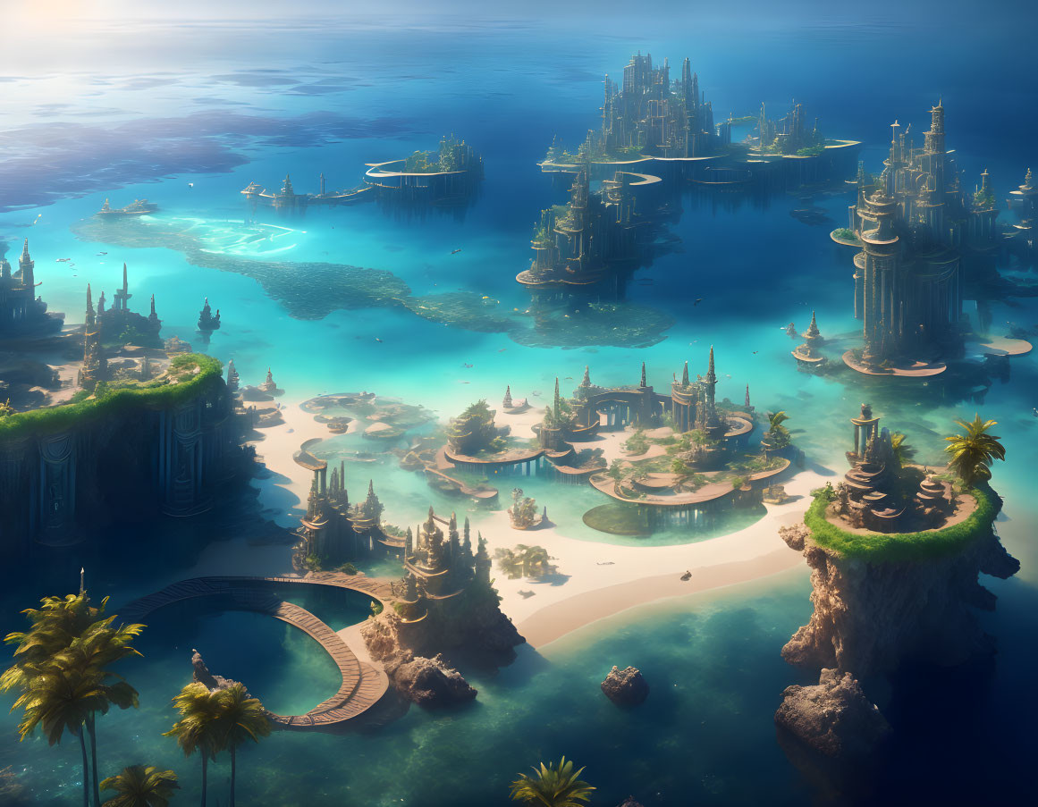 Fantasy Tropical Archipelago with Towering Spires and Castle-like Structures