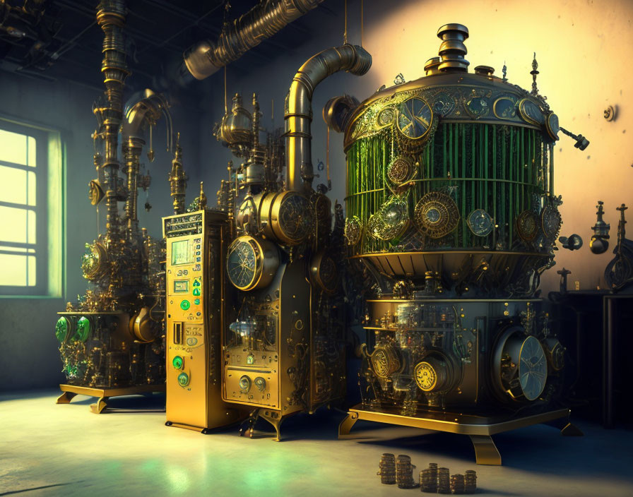 Steampunk machinery with brass gears and pipes in dimly-lit room