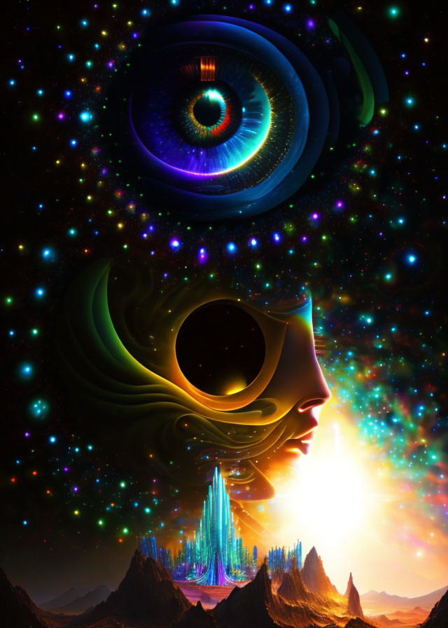 Surreal cosmic scene with stylized human eye, galaxy patterns, colorful nebula, mountains,