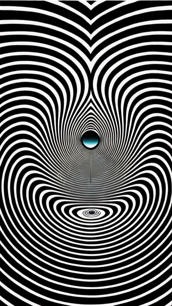 Concentric Black and White Circles with Central Blue Orb Optical Illusion