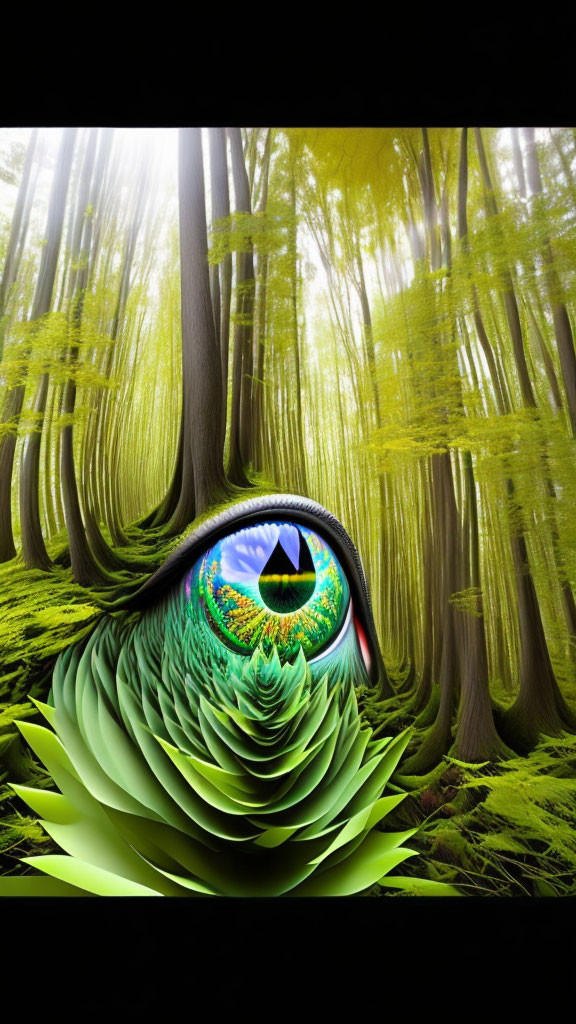 Verdant forest with colorful reptilian eye center