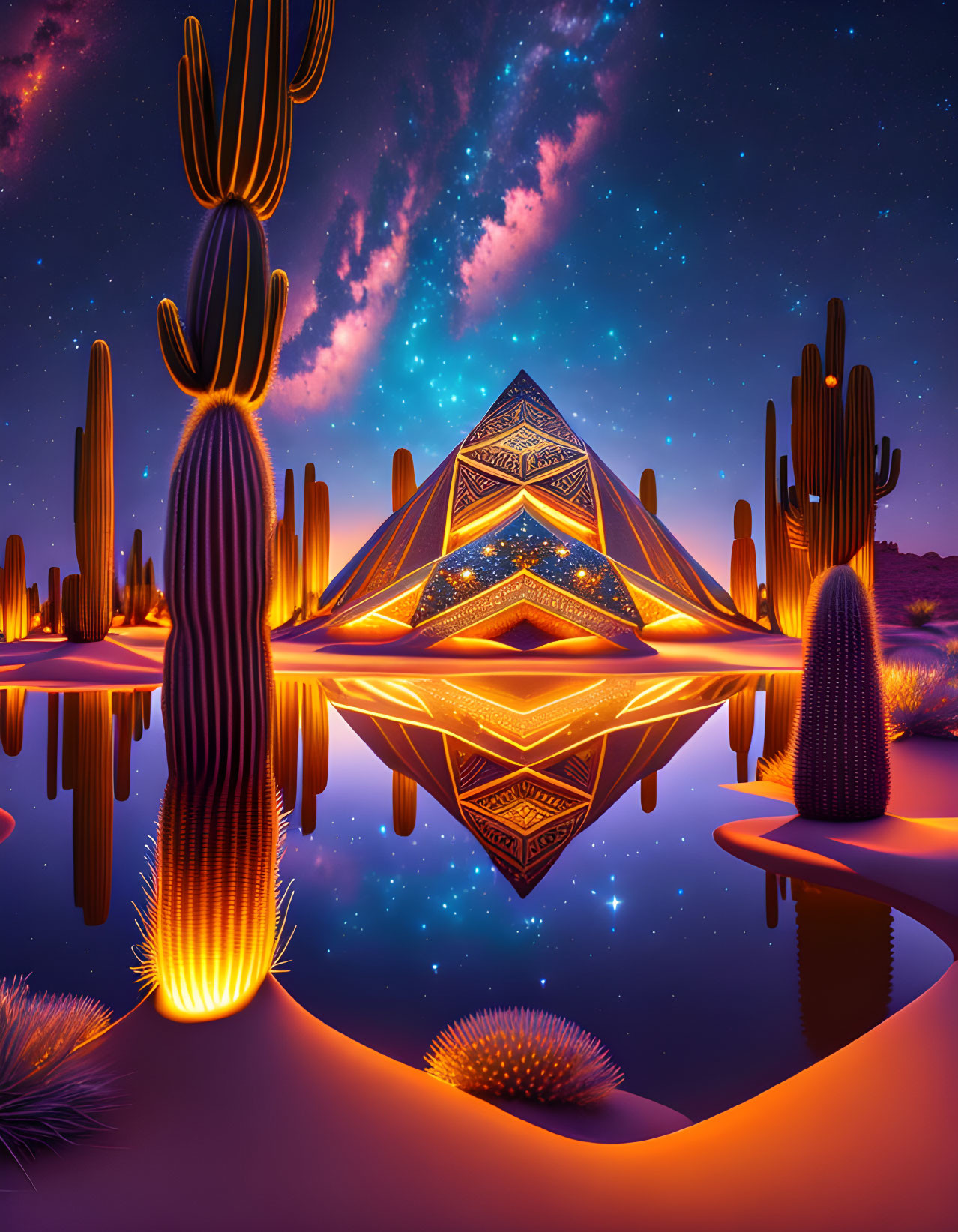 Geometric structure reflecting in desert oasis with cacti under starry sky