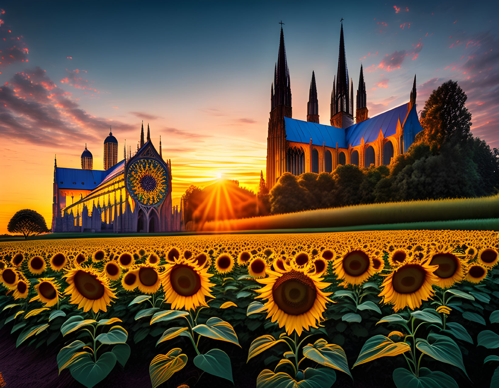 Vibrant sunset behind gothic cathedral and sunflowers