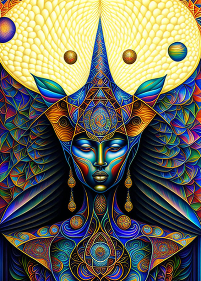 Colorful psychedelic illustration of blue-faced figure with intricate patterns