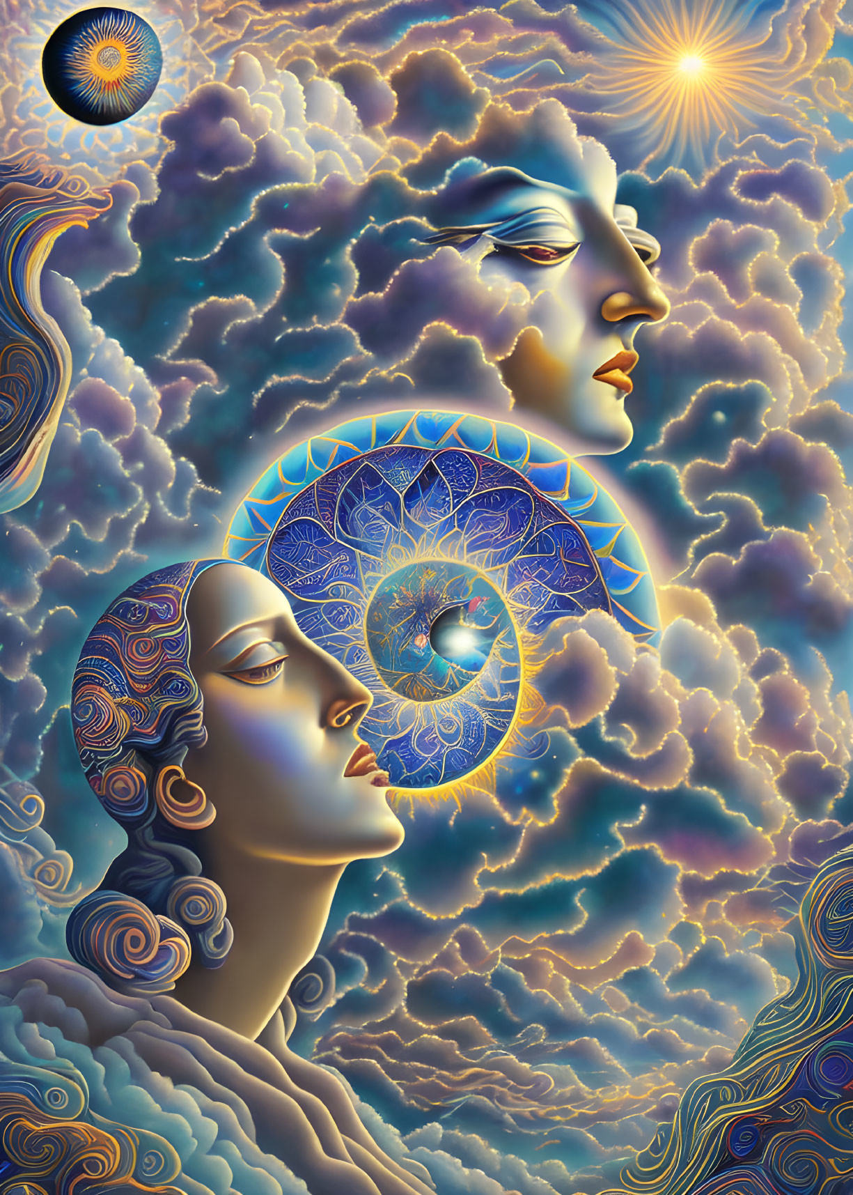 Psychedelic celestial faces entwined in cosmic motifs