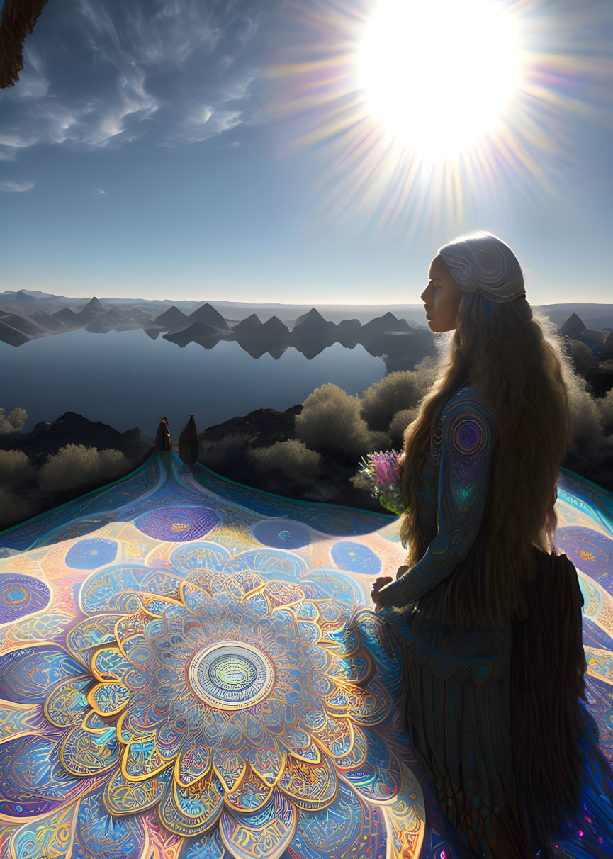 Woman on Vibrantly Patterned Terrace Overlooking Sea and Mountains