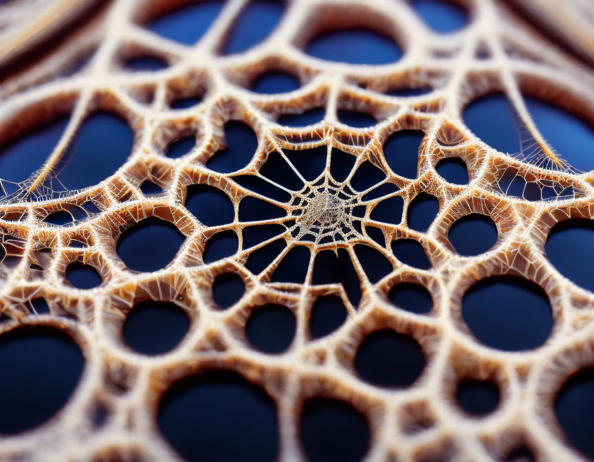 Detailed macro photography of dew-covered spider web on blue background