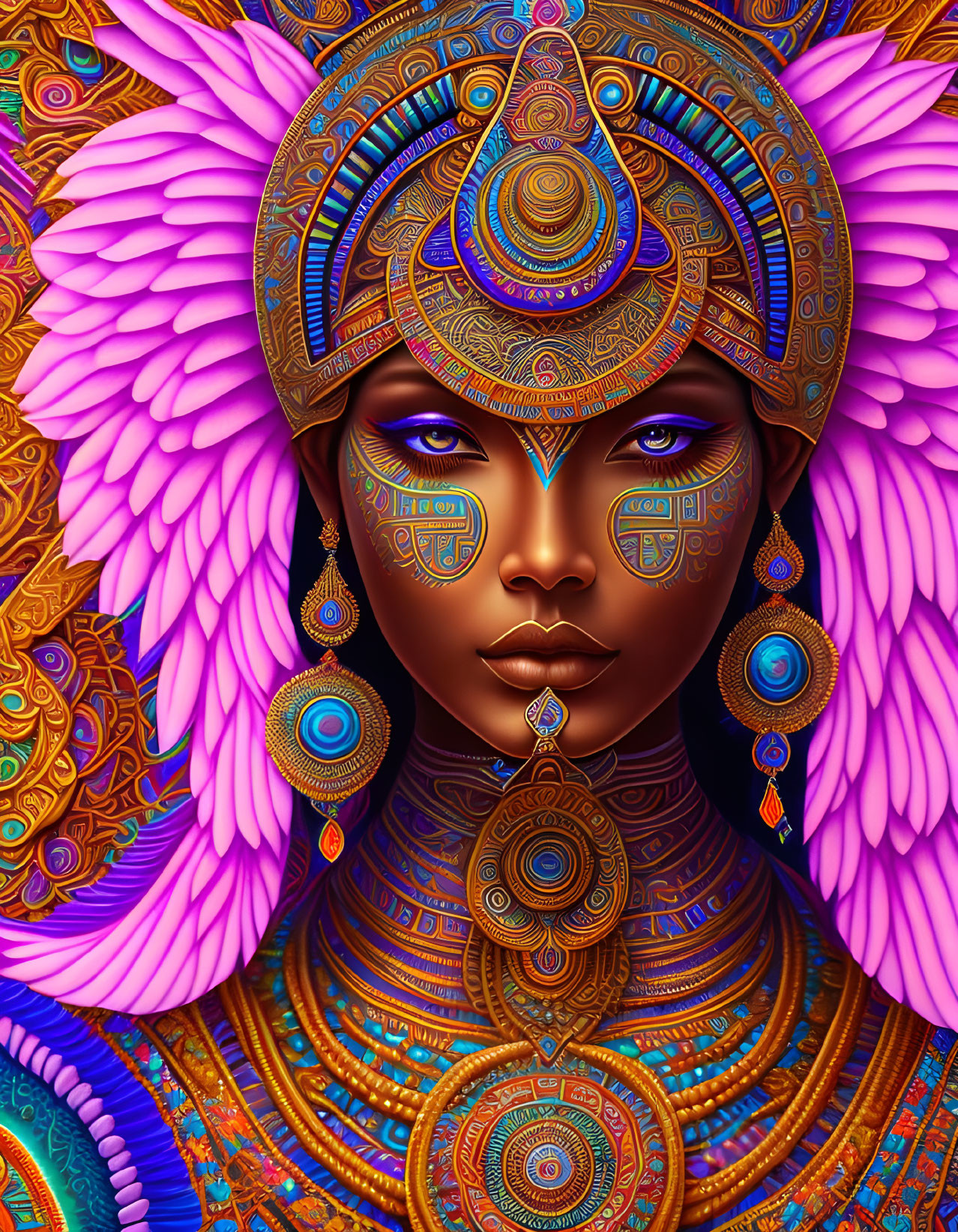 Colorful illustration of woman with purple skin and golden headgear against pink feathers