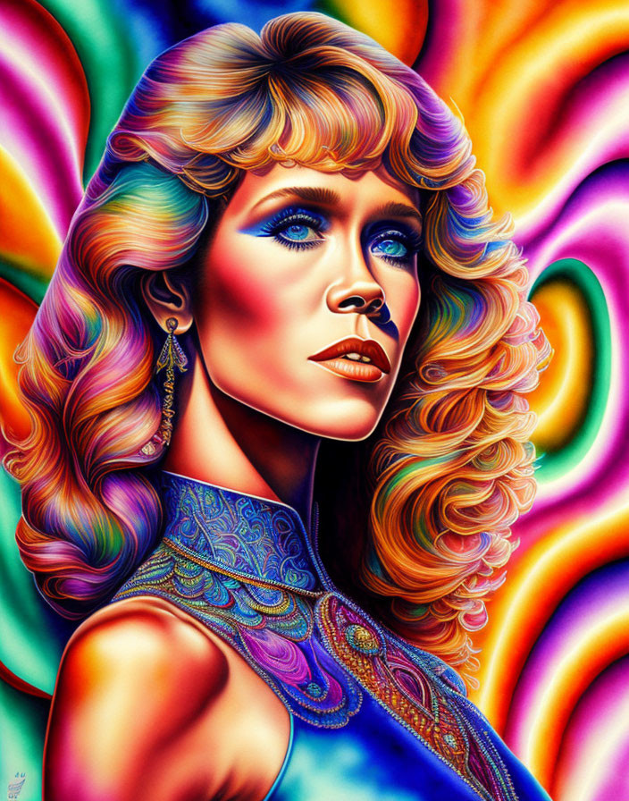 Colorful portrait of woman with blonde hair and blue eyes on psychedelic backdrop