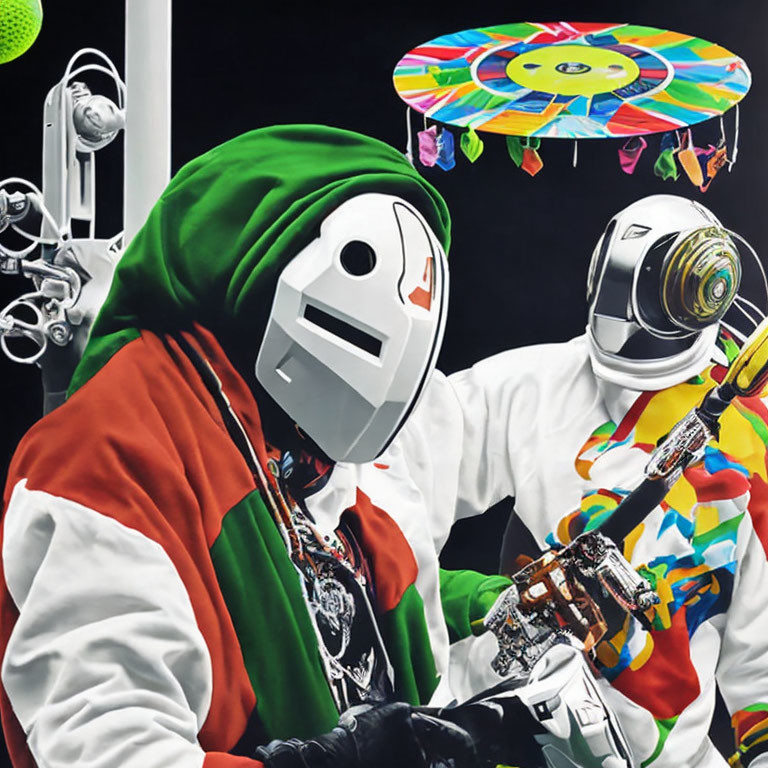 Colorful Space Suit Figures Play Electric Guitars with Flying Turntable