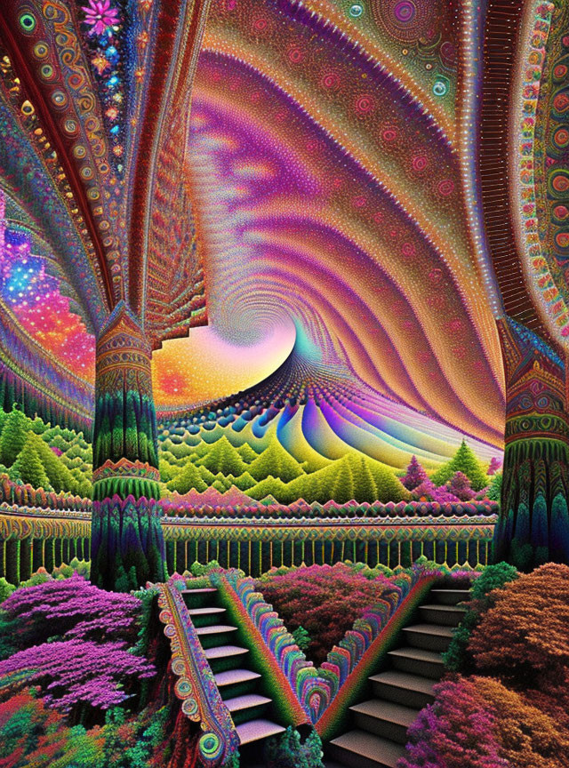 Colorful Psychedelic Fractal Landscape with Swirling Patterns and Staircase