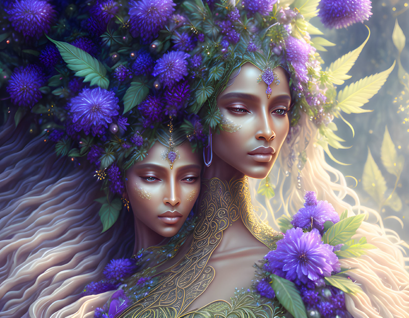 Illustrated portrait of two women with purple flowers and golden jewelry in a mystical forest.