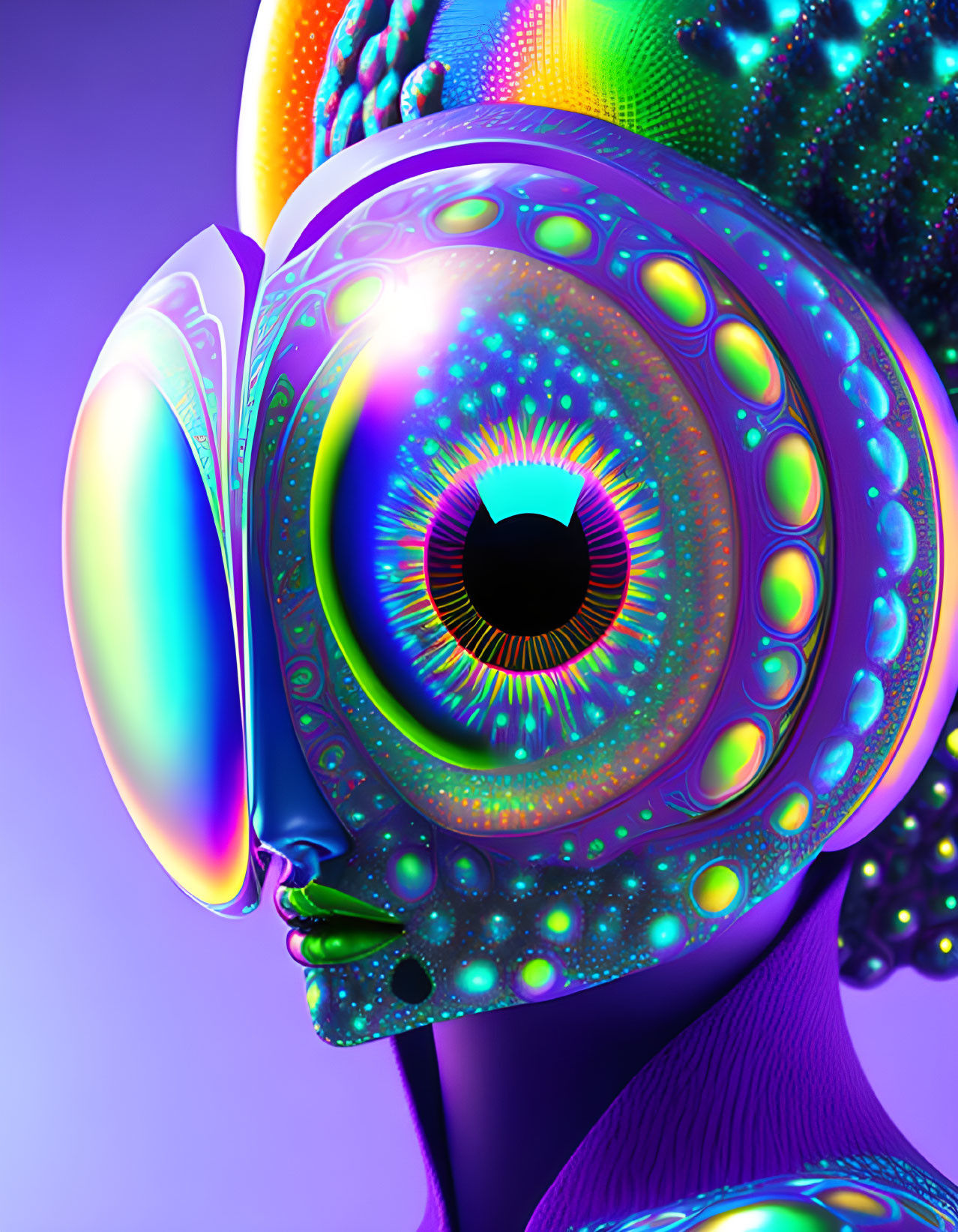 Futuristic humanoid head with intricate eye-like pattern.