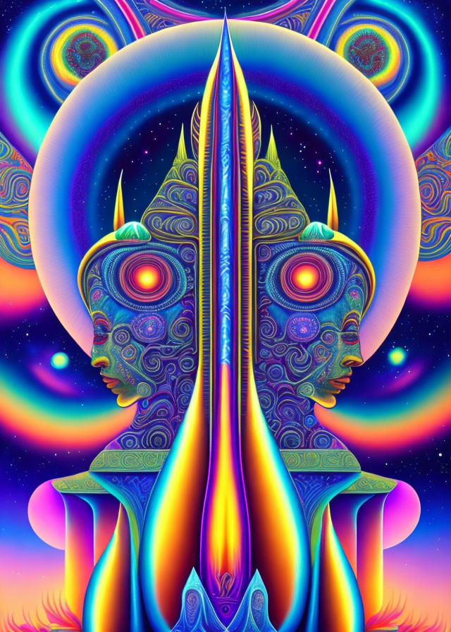 Psychedelic digital artwork of mirrored androgynous face with intricate patterns and cosmic backgrounds.