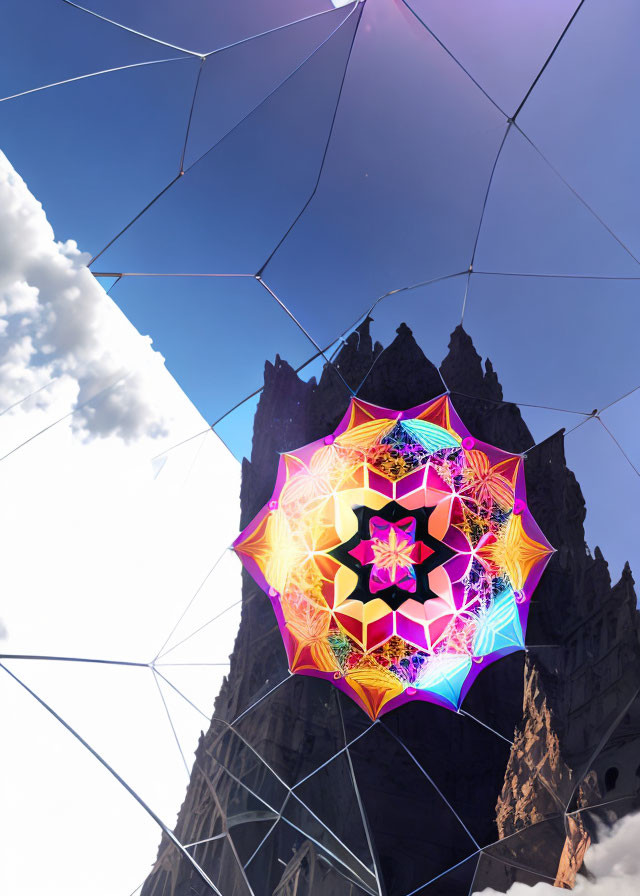 Colorful geometric mandala against Gothic cathedral in blue sky