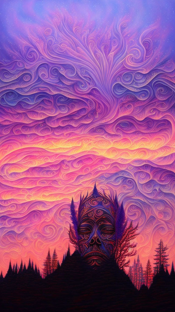 Colorful Psychedelic Masked Figure in Swirling Sky Artwork