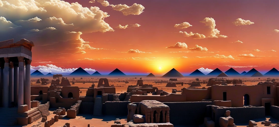 Ancient desert city with pyramids, ruins, and columned structure at sunset