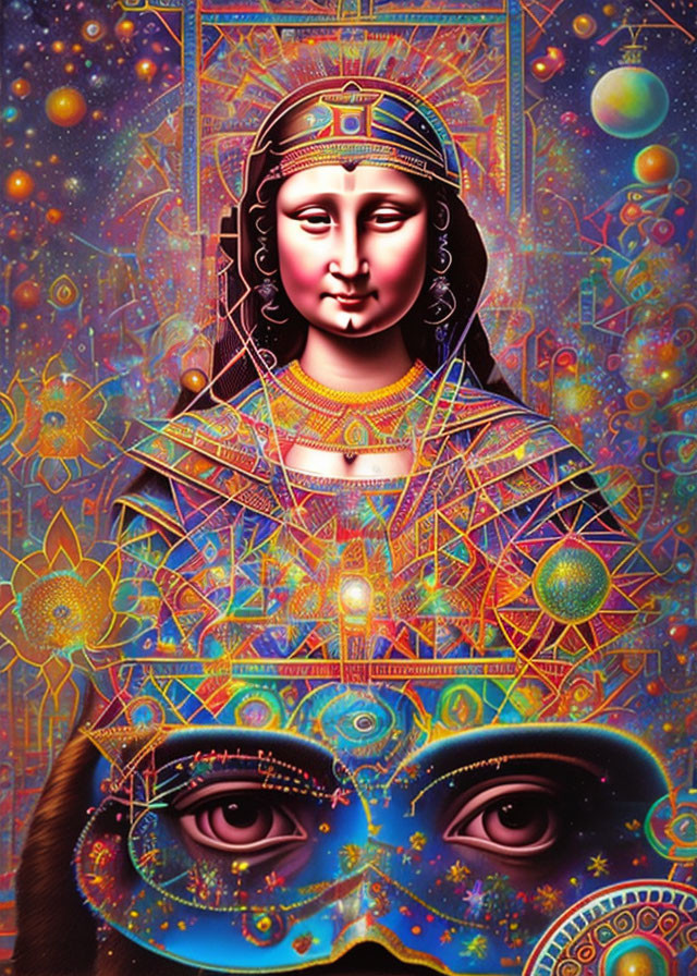 Colorful Mona Lisa-inspired portrait with cosmic elements and eyes.