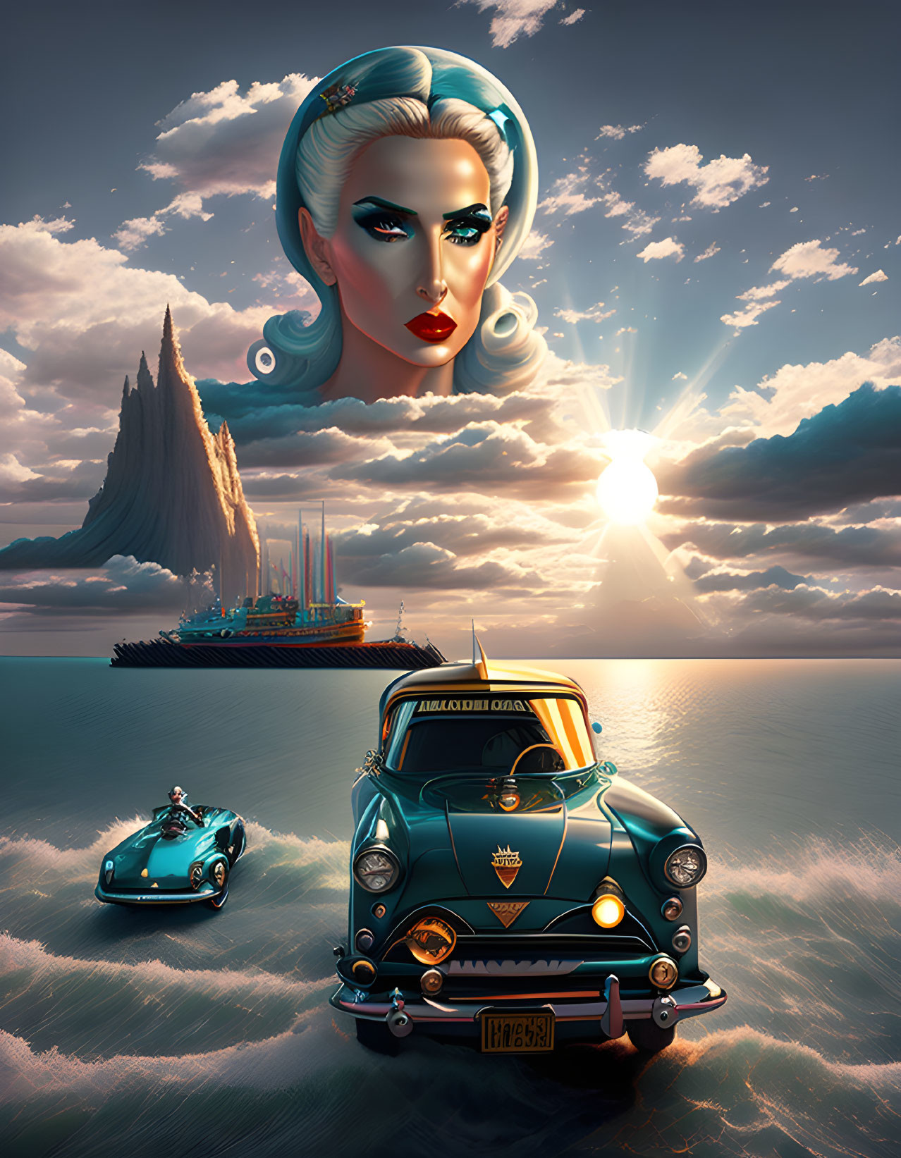 Giant woman's head, vintage cars on water, ship, and rock formation in surreal sunset scene