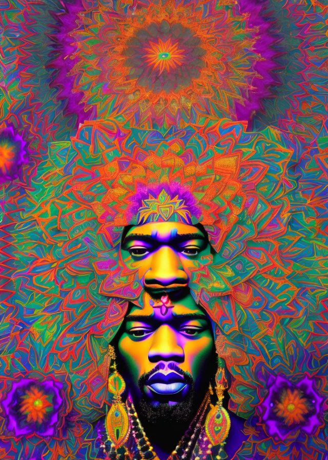 Colorful digital artwork: Person in psychedelic patterns with floral motifs