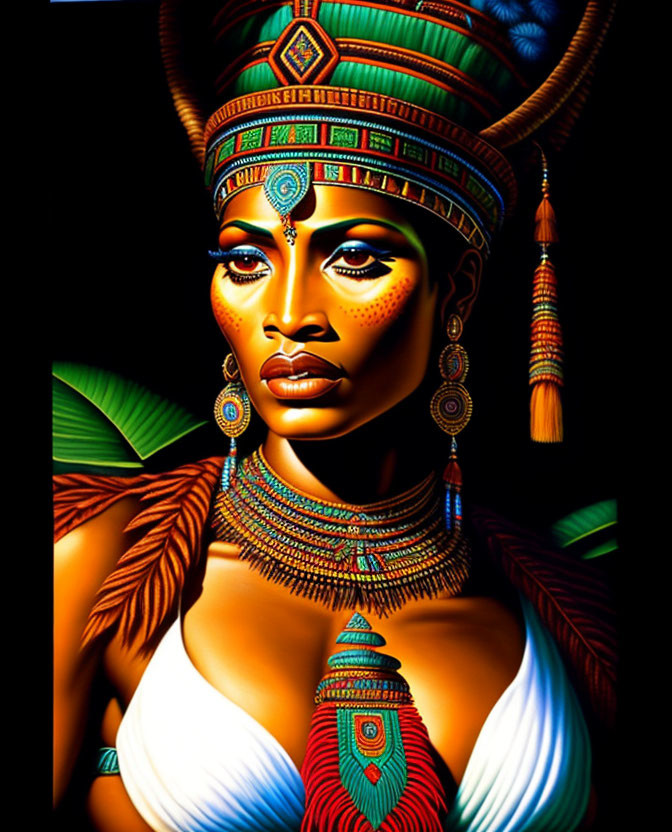 Vibrant Egyptian-themed woman illustration on dark background