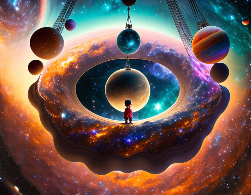 Child on Floating Island Observes Surreal Cosmic Scene