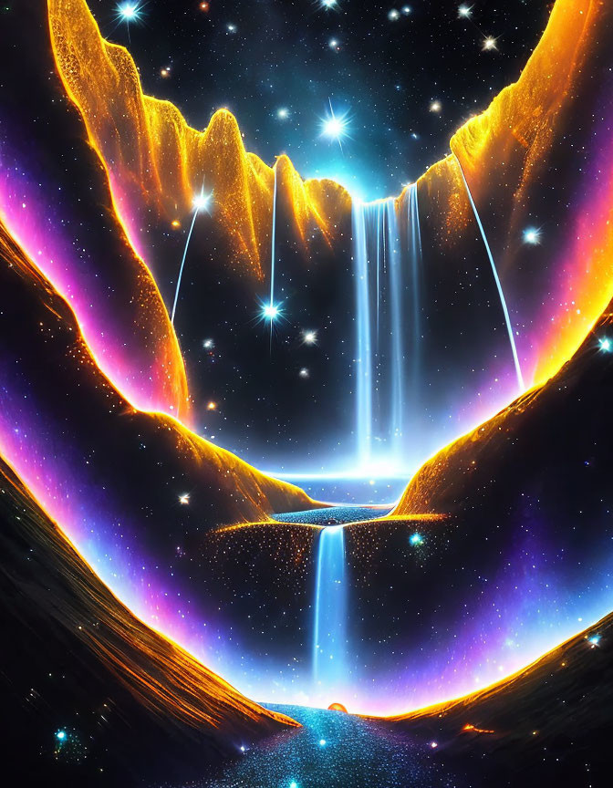 Vibrant cosmic waterfall between celestial cliffs and radiant stars