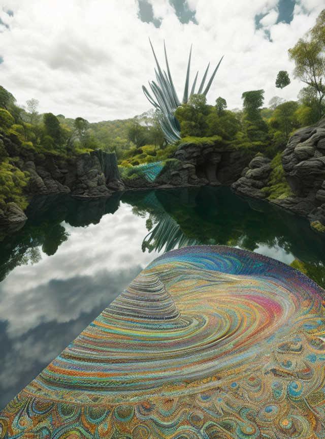 Vibrant peacock tail-like structure in surreal landscape