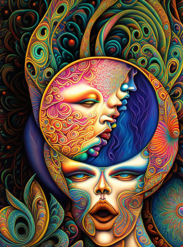 Colorful Psychedelic Female Face with Crescent Moon and Paisley Patterns