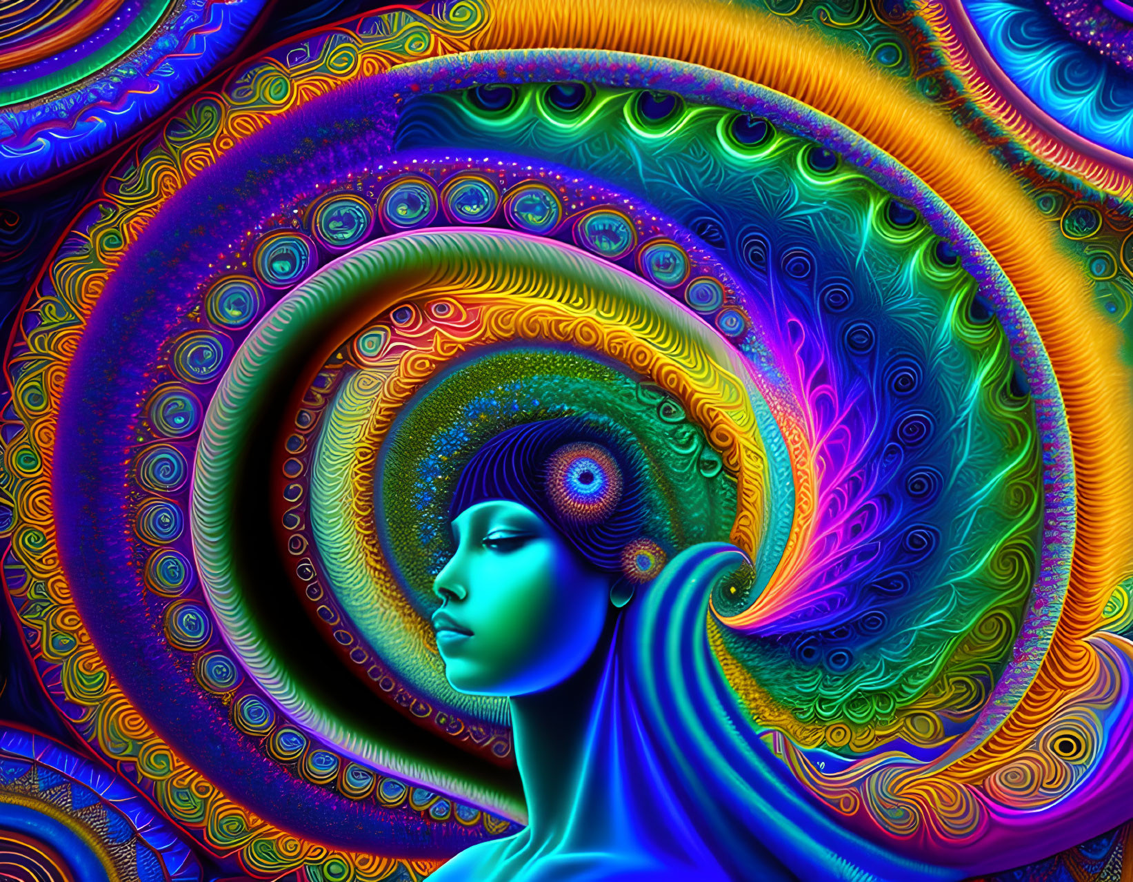 Colorful digital artwork of a woman's profile with psychedelic patterns in blues, greens, and oranges