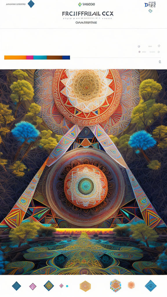 Digital Artwork: Mandala Patterns & Geometric Shapes Form Triangular Portal & Stylized Trees