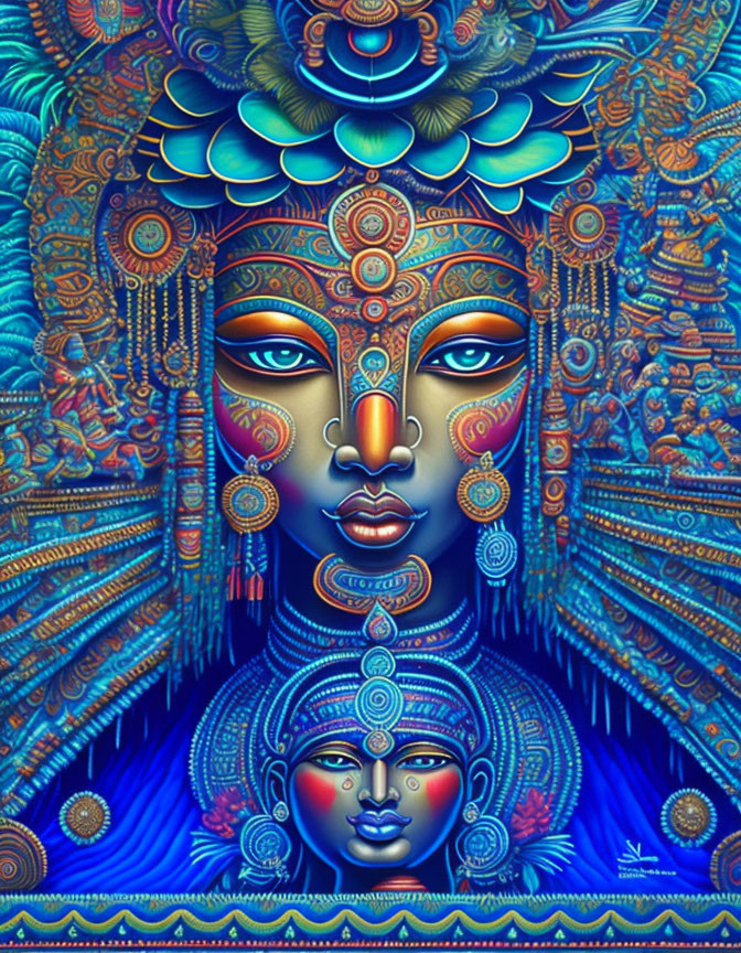 Intricate blue-toned faces with elaborate headdresses in traditional and psychedelic fusion