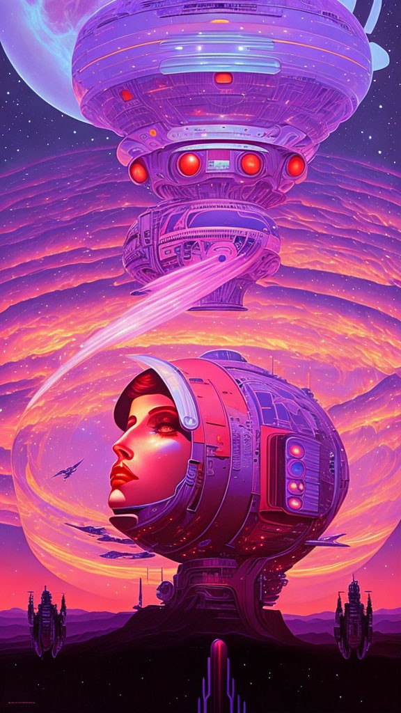 Colorful sci-fi artwork: giant spaceship with female face, futuristic cityscape, cosmic backdrop.