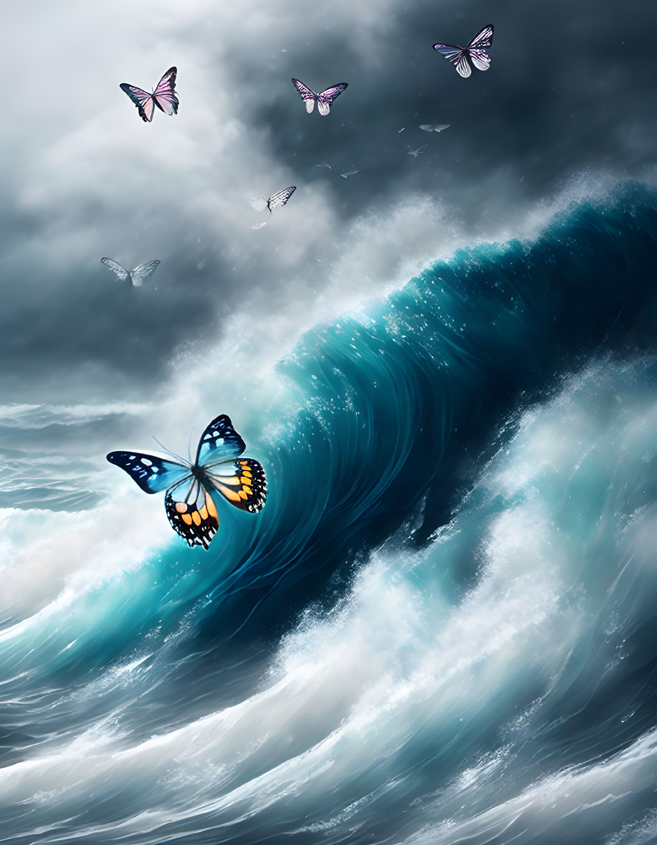 Colorful butterflies over turbulent ocean wave and stormy sky.