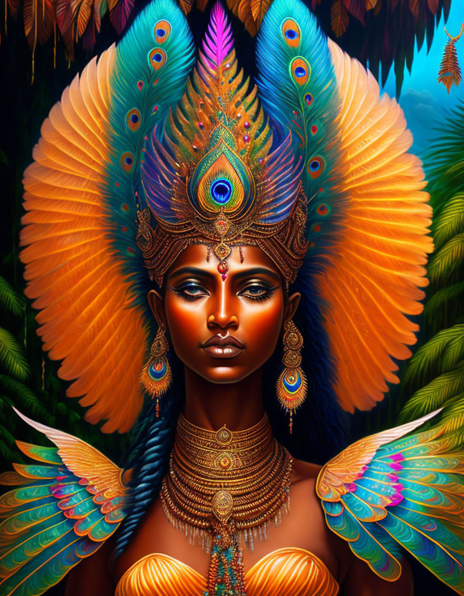 Digital artwork: Woman with peacock feather headdress, gold jewelry, and colorful wings