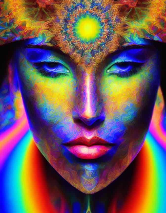 Colorful Psychedelic Digital Portrait with Mandala Forehead